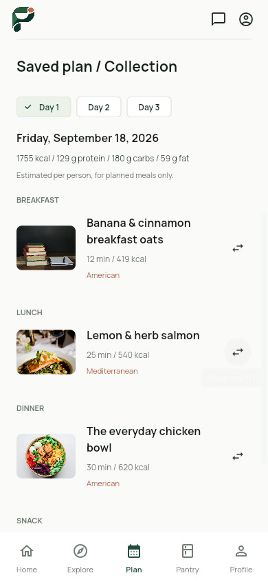 Prep meal plan showing saved meals for the week